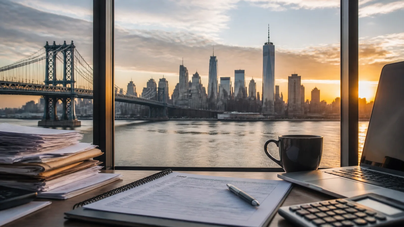 Documentos de impuestos organizados frente a la ciudad de Nueva York al amanecer